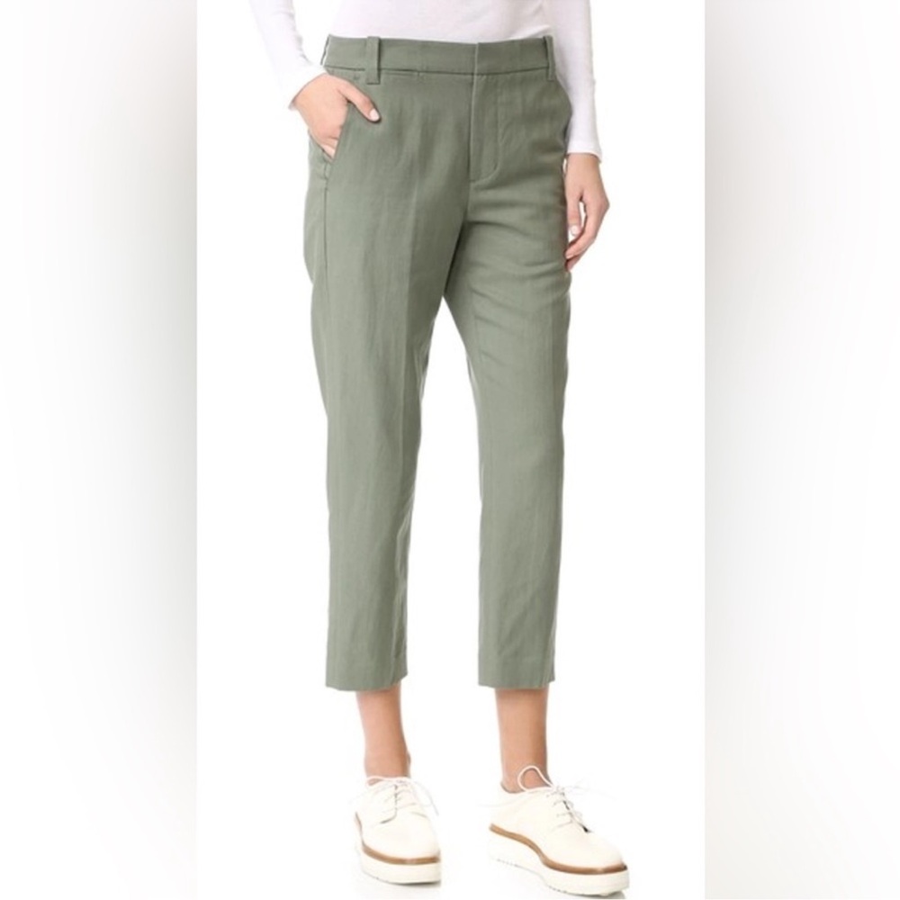 VINCE Linen Blend Cropped Twill Pants Casual Sage Khaki Green Capri Size 0